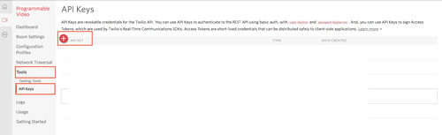 Tela do console da Twilio com o botão de criação de uma nova API Key.