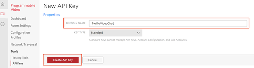 Tela parcial do console da Twilio com o formulário para criar uma nova API Key.