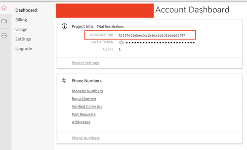 Tela do console da Twilio com as informações das chaves da API.