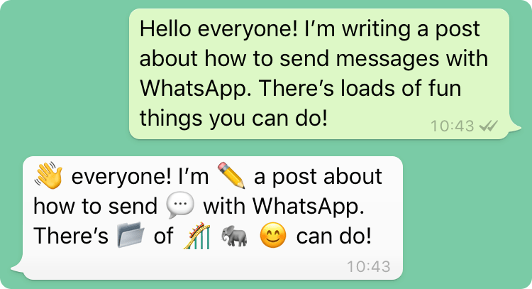An example of sending a message to the app we're going to build. The WhatsApp number responds with the message translated to emoji.