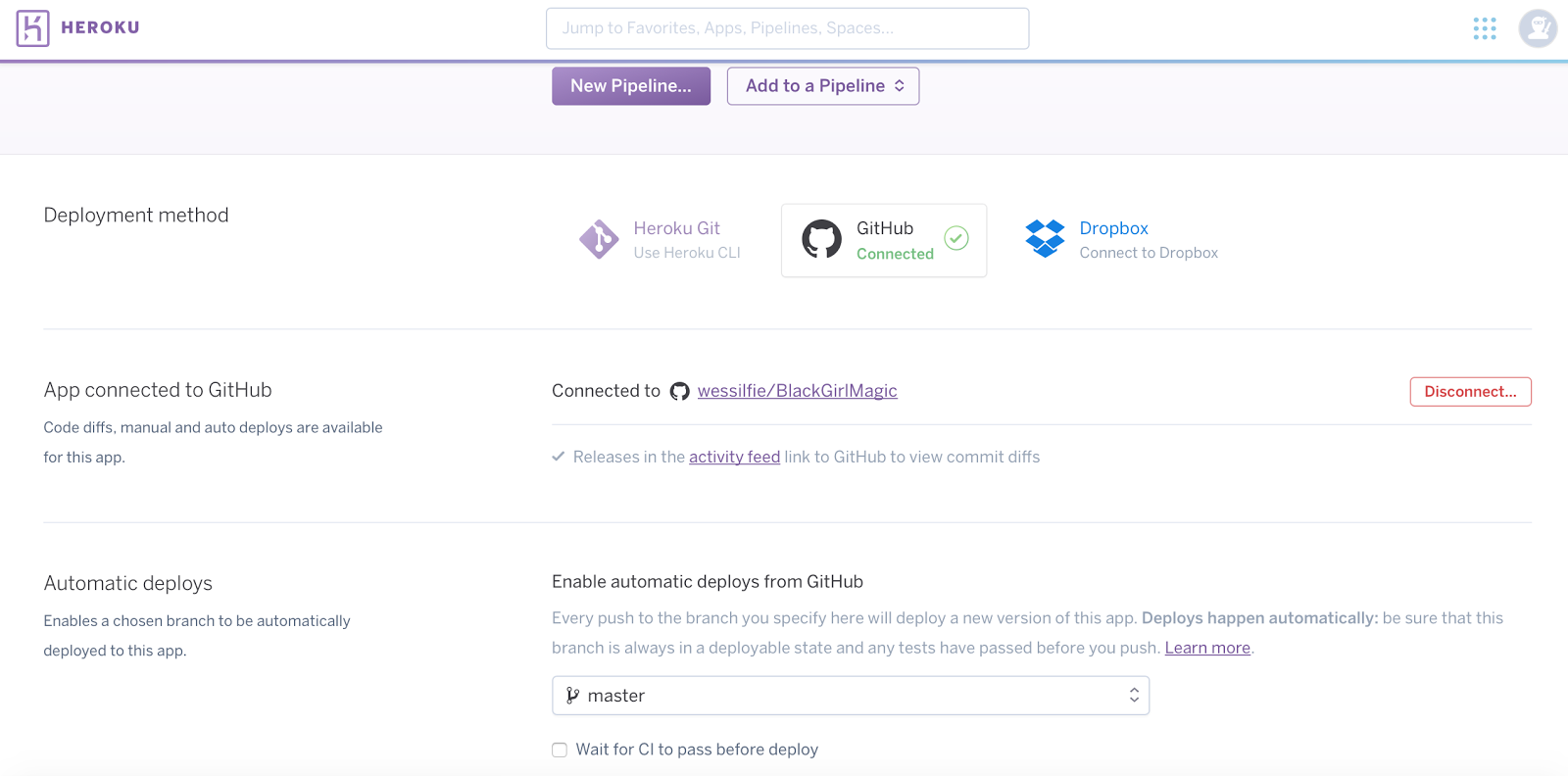 Successful connection of a GitHub account and Heroku