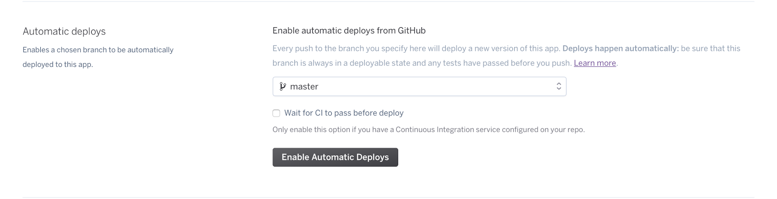 Enable automatic deploys button in Heroku