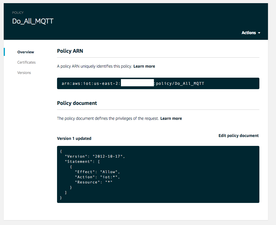 MQTT Security Policy, AWS IoT