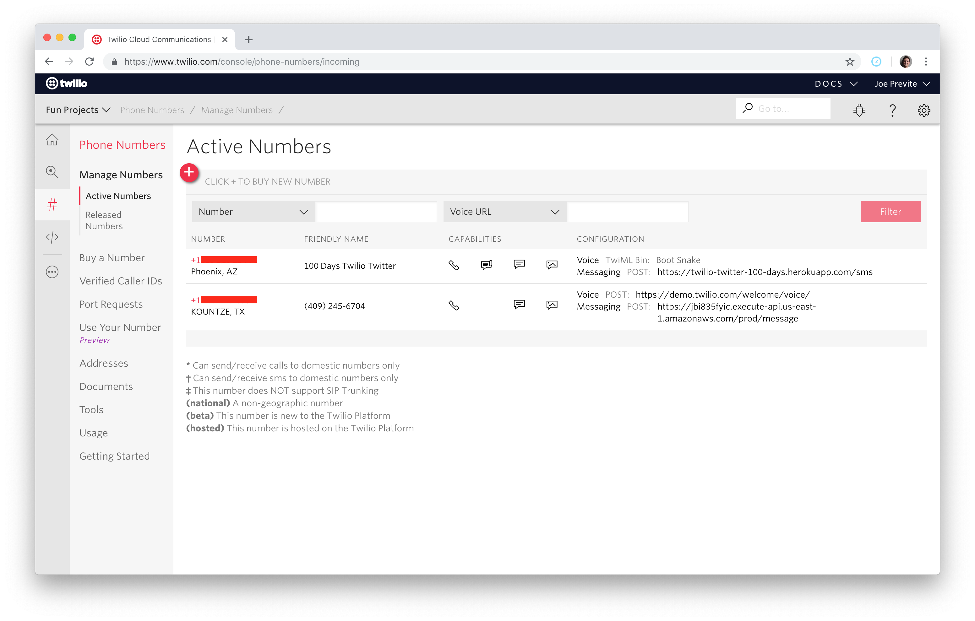 Twilio phone numbers screen