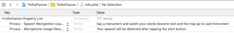 info.plist with Privacy Permissions in Dictionary