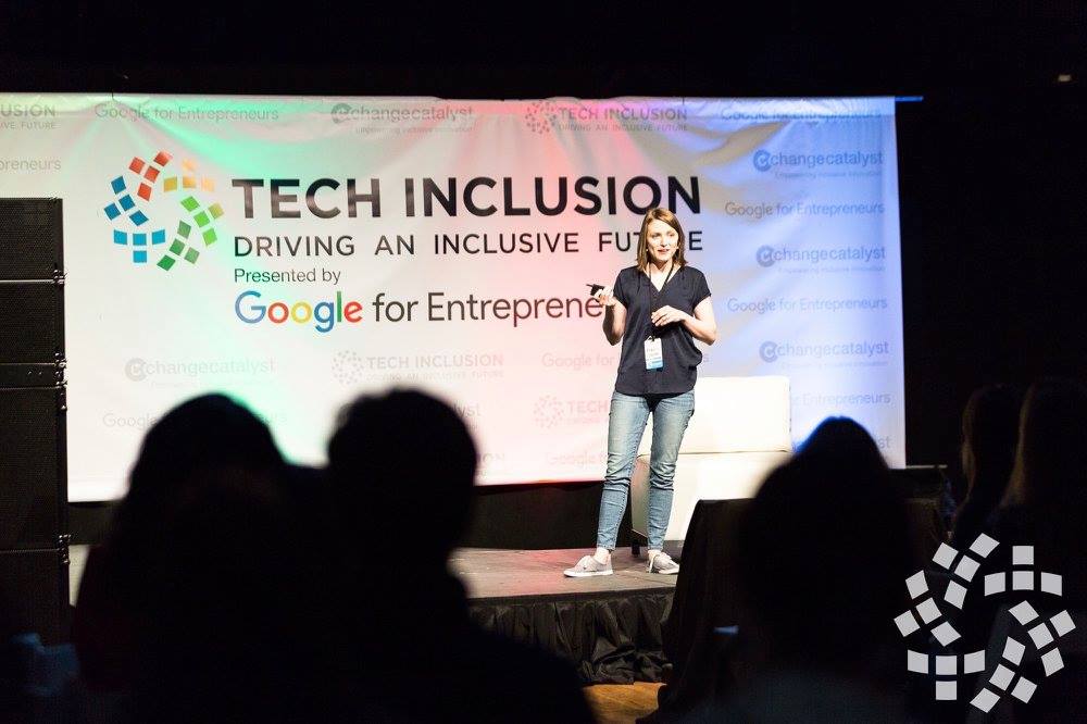 Michelle Glauser speaking, courtesy of Tech Inclusion