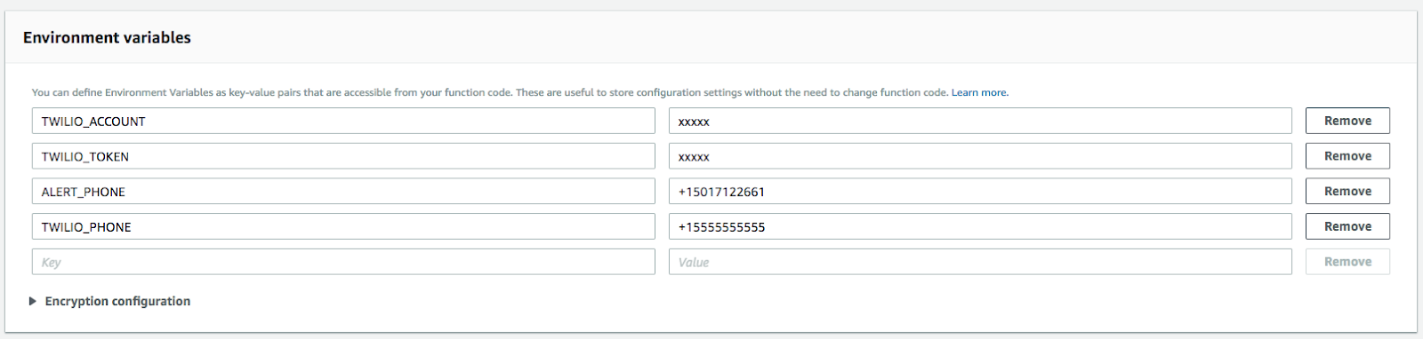 Enter environment variables to Lambda