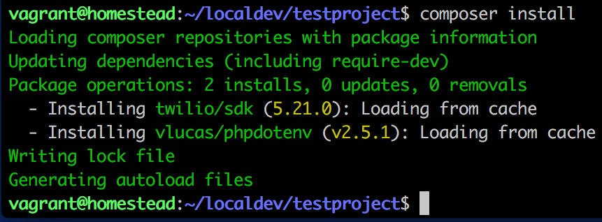 screenshot of console having run composer install on the provided composer.json