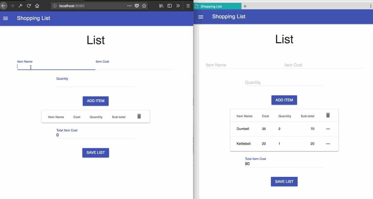 Adding an item in the shopping list app