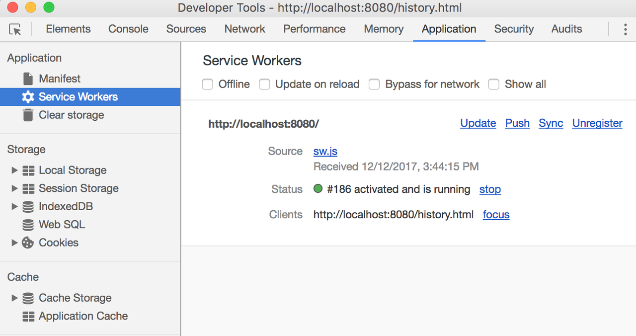 Service workers tab in Chrome