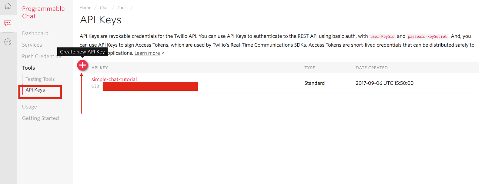 Twilio Programmable Chat API Key