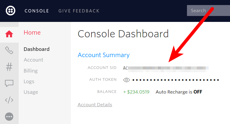 Twilio console showing account credentials