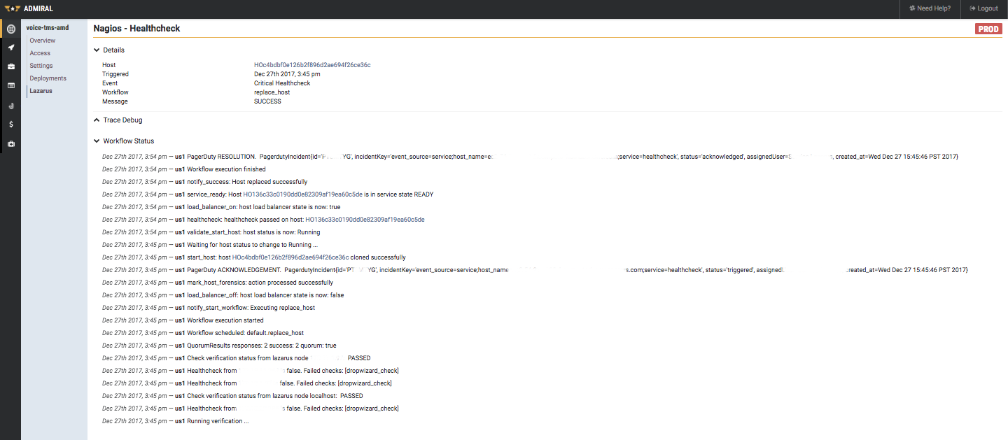 Lazarus Event detail page showing successful health checks