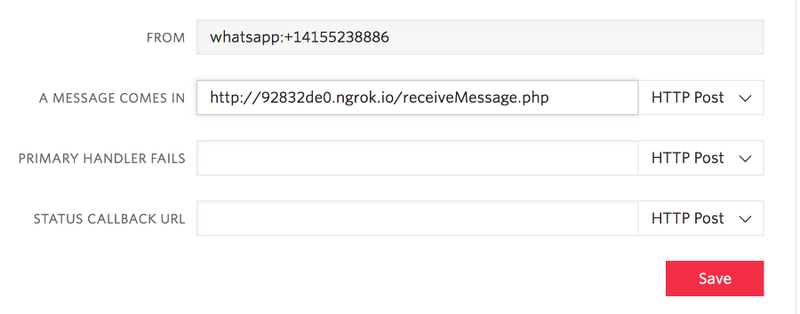 Captura de tela da configuração da sandbox do WhatsApp no console da Twilio. O campo &#x27;A MESSAGE COMES IN&#x27; (UMA MENSAGEM É RECEBIDA) foi preenchido com o URL &#x27;http://92832de0.ngrok.io/receiveMessage.php&#x27;