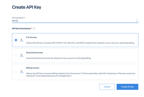 Screenshot der Erstellung eines API-Schlüssels in sendgrid