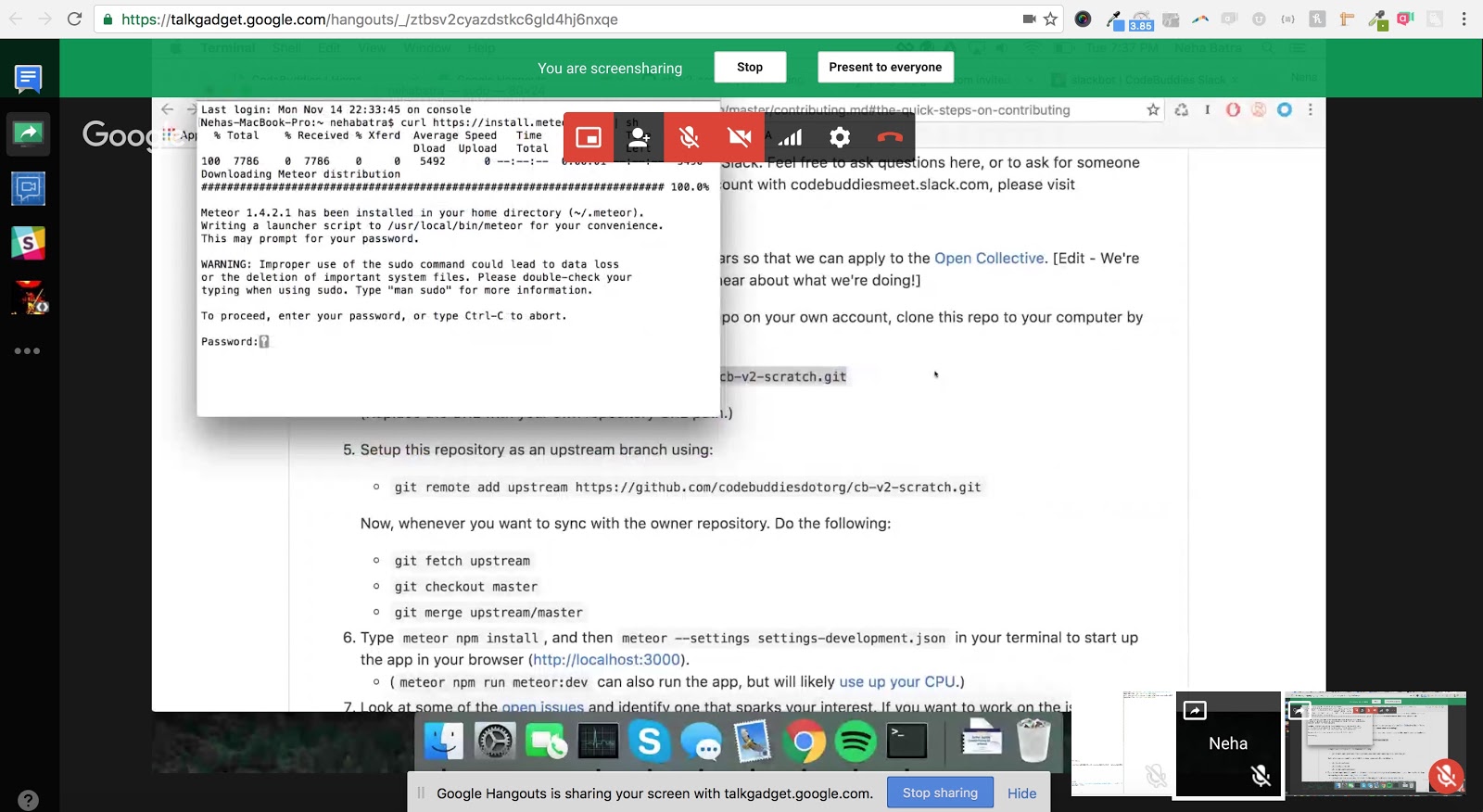 Screenshot of a google hangout, walking a contributor through a first pull request for CodeBuddies.