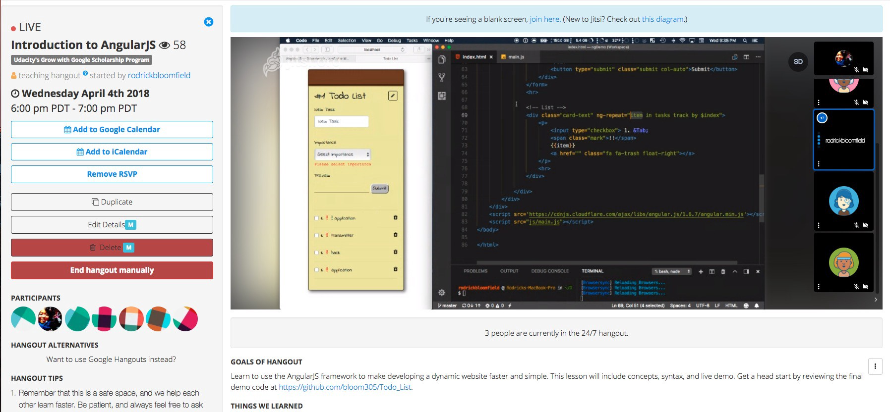 A hangout organized by Julian, Judi, and Rodrick (who in this screenshot is teaching an introduction to AngularJS.