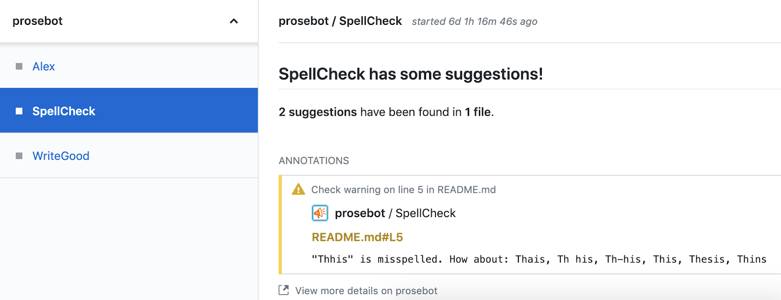 screenshot of GitHub Checks tab on a pull request where Prose Bot has been enabled. A spell check warning has been tripped, and the bot let the maintainers know "thiss" is misspelled and suggests some corrections.