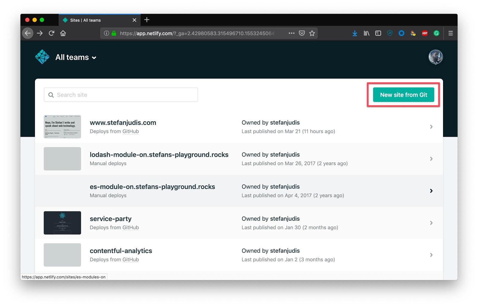 Site overview of Netlify admin area