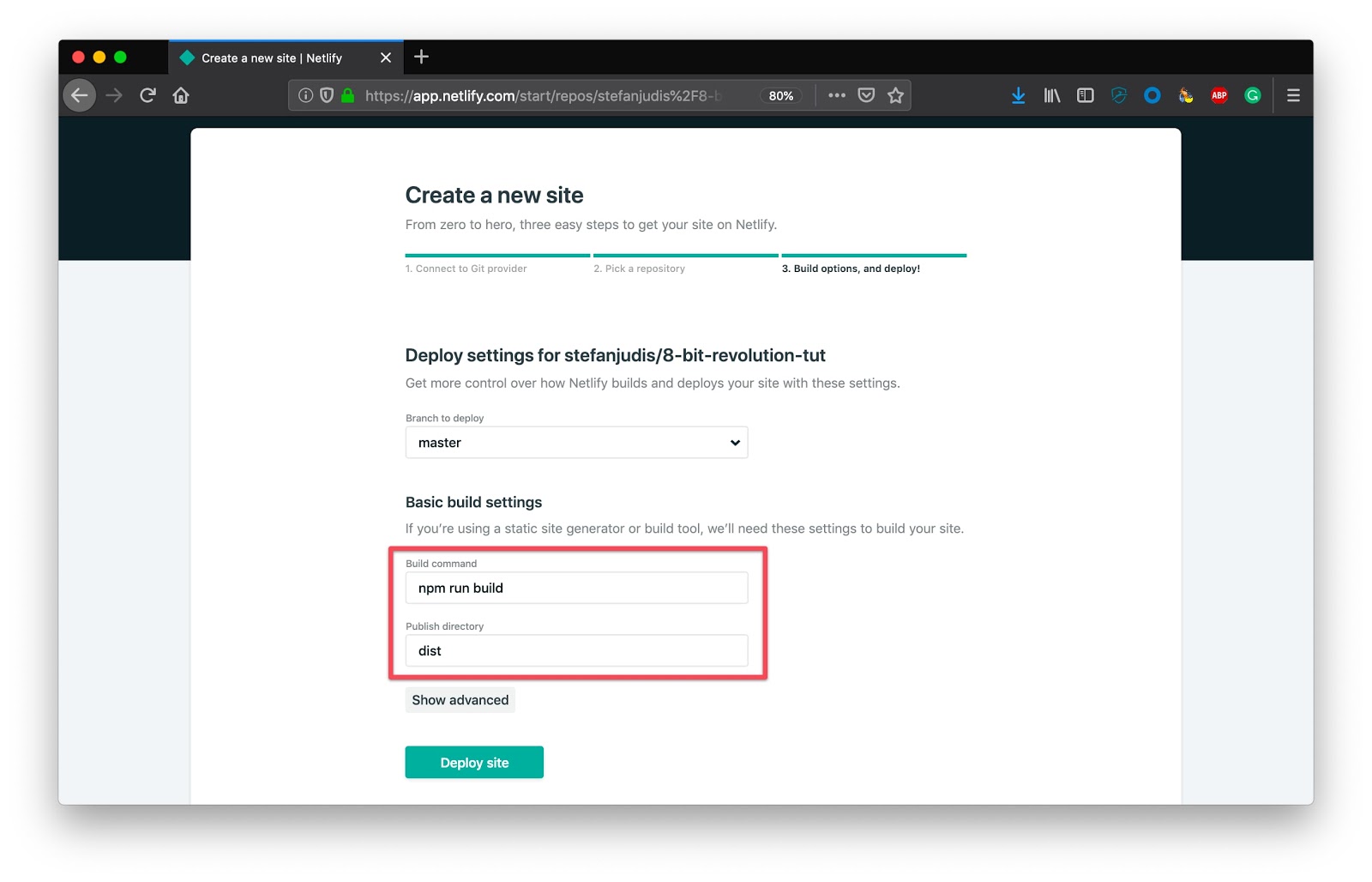 New site dialog to define build script and folder in Netlify admin area