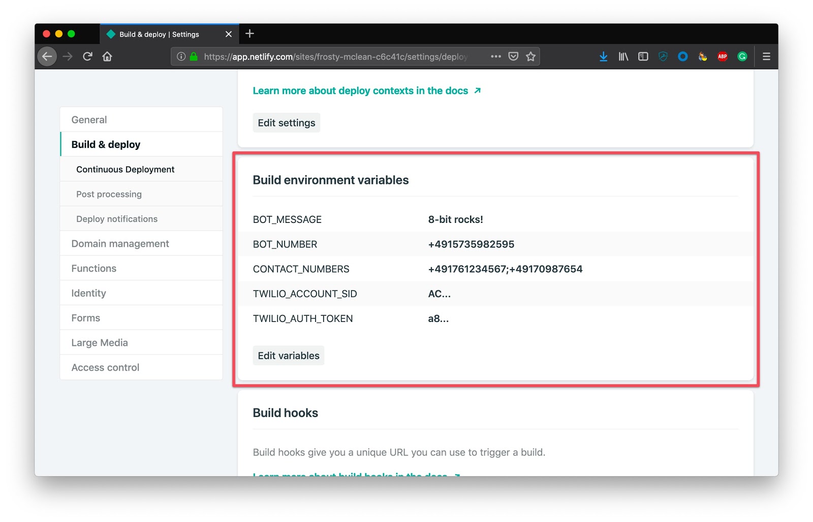 Environment variables defined in Netlify admin UI