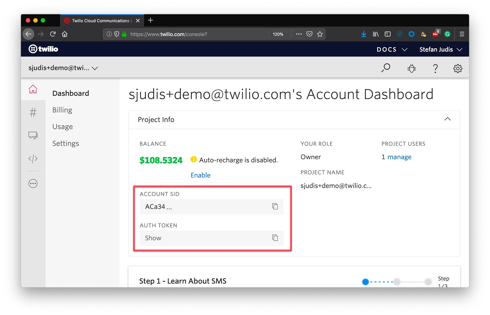 Twilio console including account sid and token