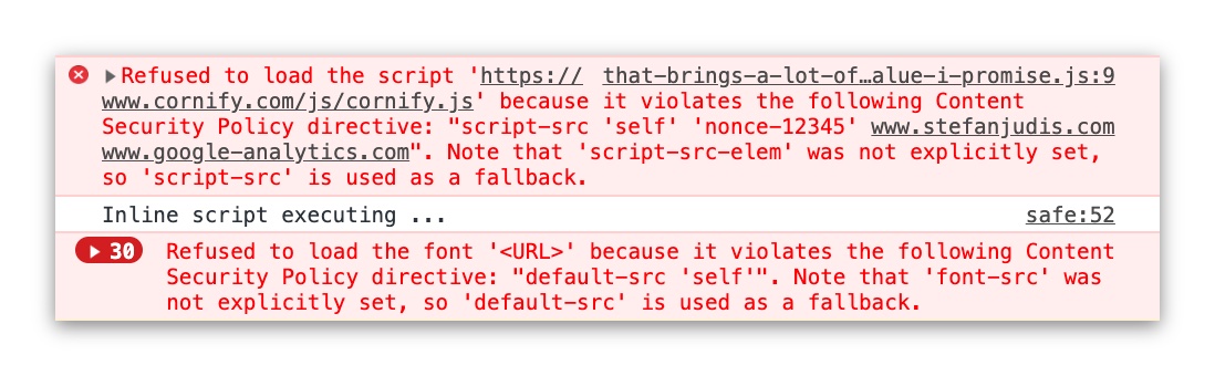 Browser console telling that it blocked requests violating CSP rules