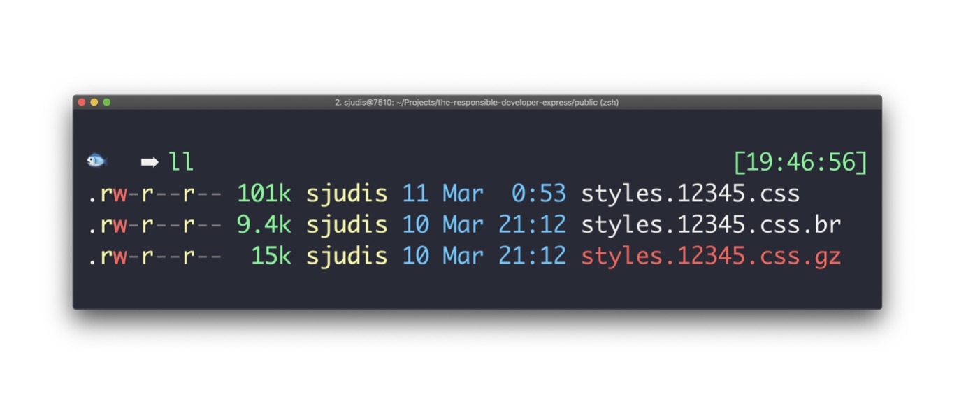 Terminal with the same css files. Original size 101kb, gzip compressed size 15kb and brotli compressed size 9.4kb