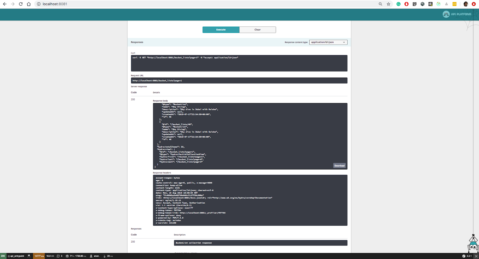 Api platform dashboard