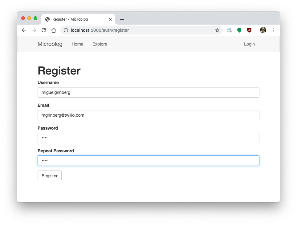 User registration screenshot