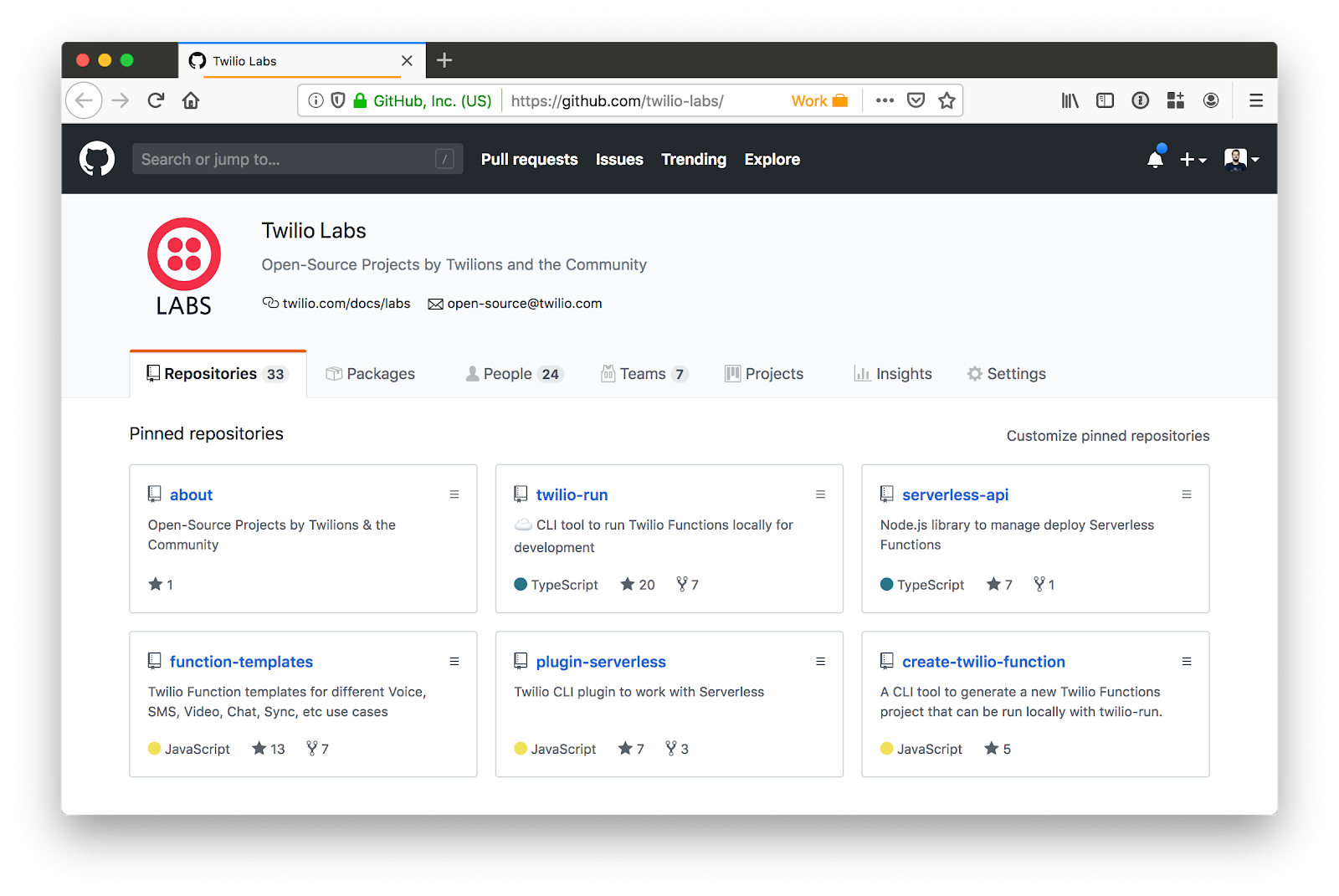 Screenshot of github.com/twilio-labs