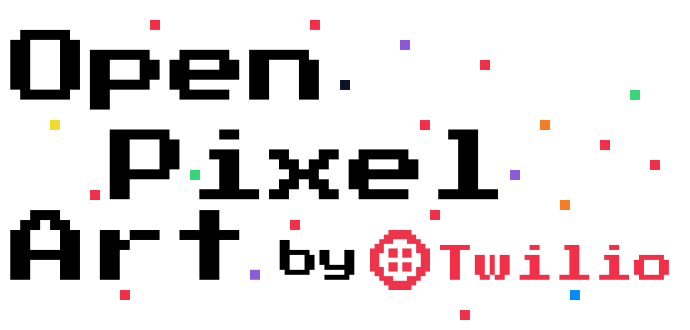 Logo with colorful pixels and a pixelated text reading "Open Pixel Art by Twilio"