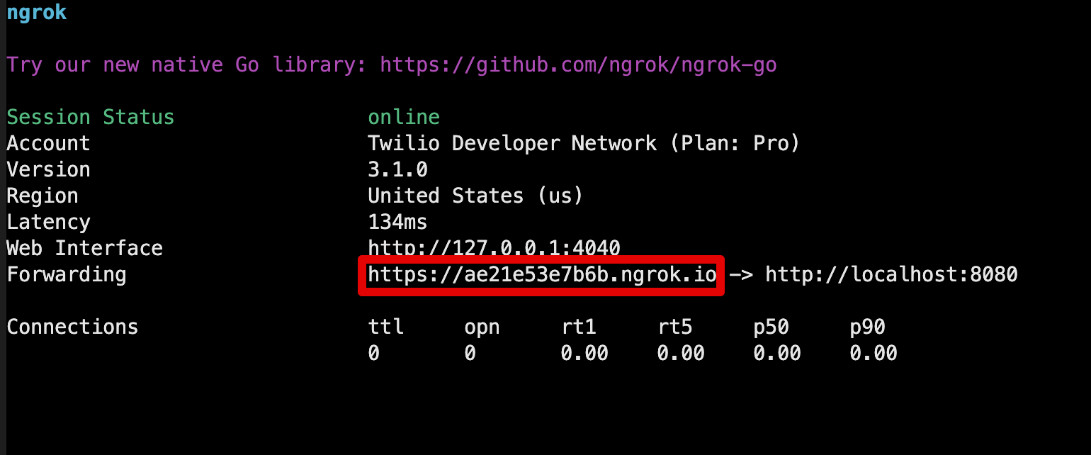 ngrok terminal session showing the forwarding URL