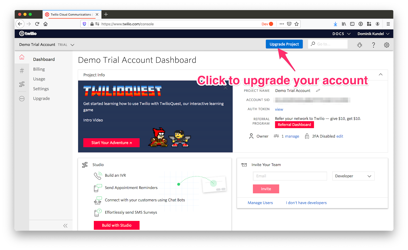 screenshot of twilio trial account highlighting the upgrade button