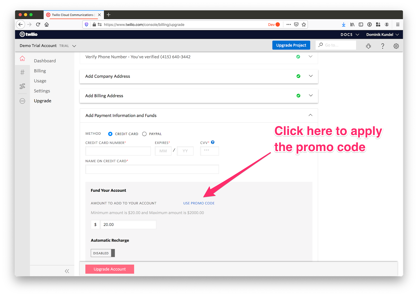 screenshot of upgrade account highlighting "use promo code" link