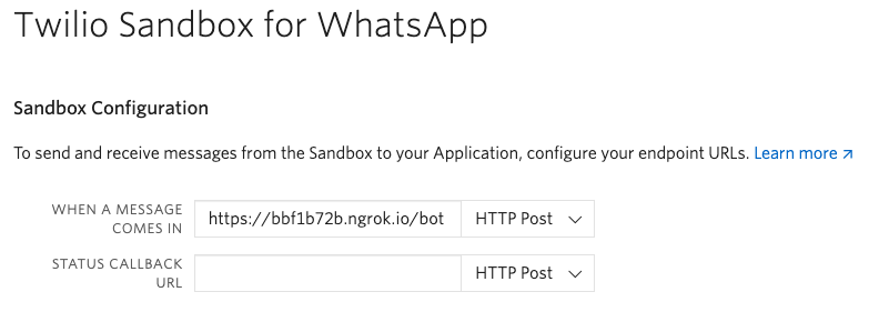 Twilio Sandbox for WhatsApp configuration screenshot
