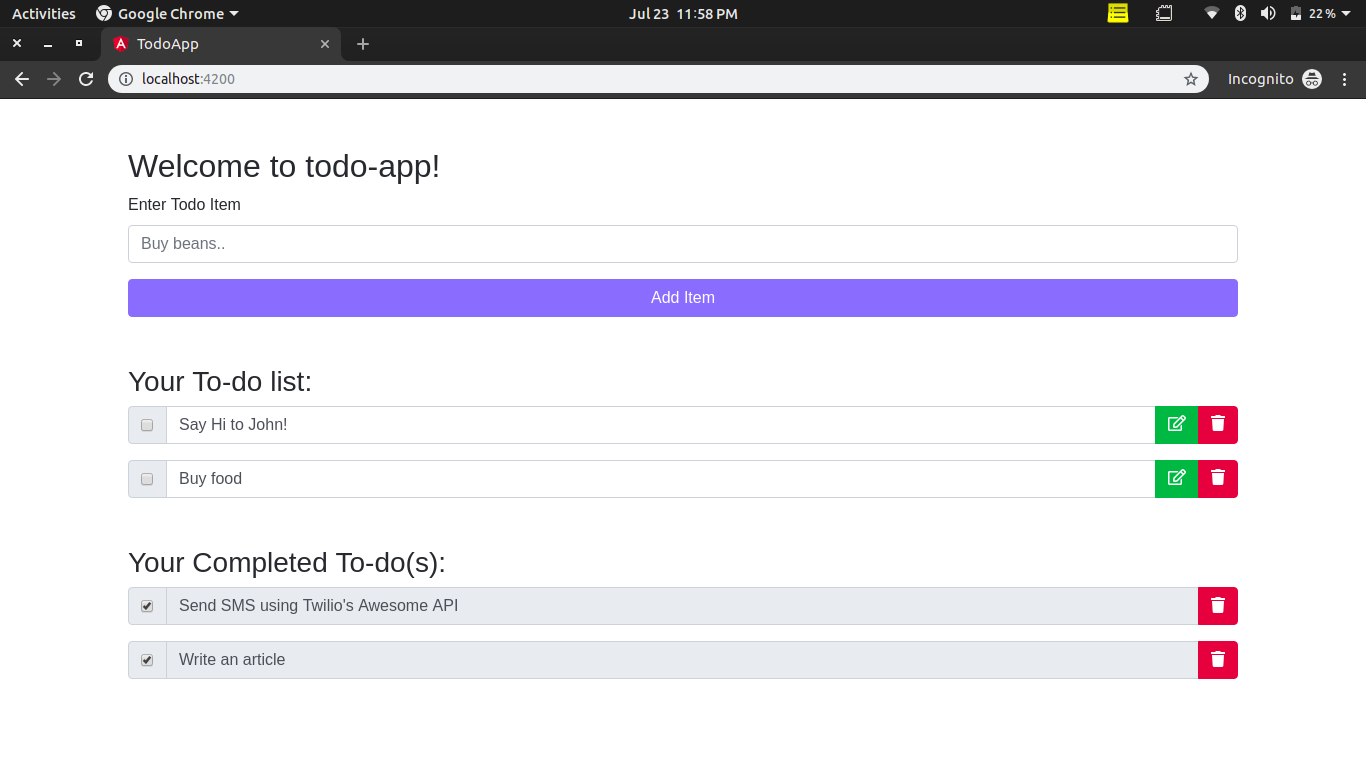 Todo application with uncompleted and completed todo items