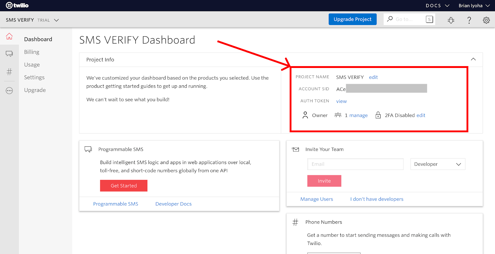 Twilio console dashboard