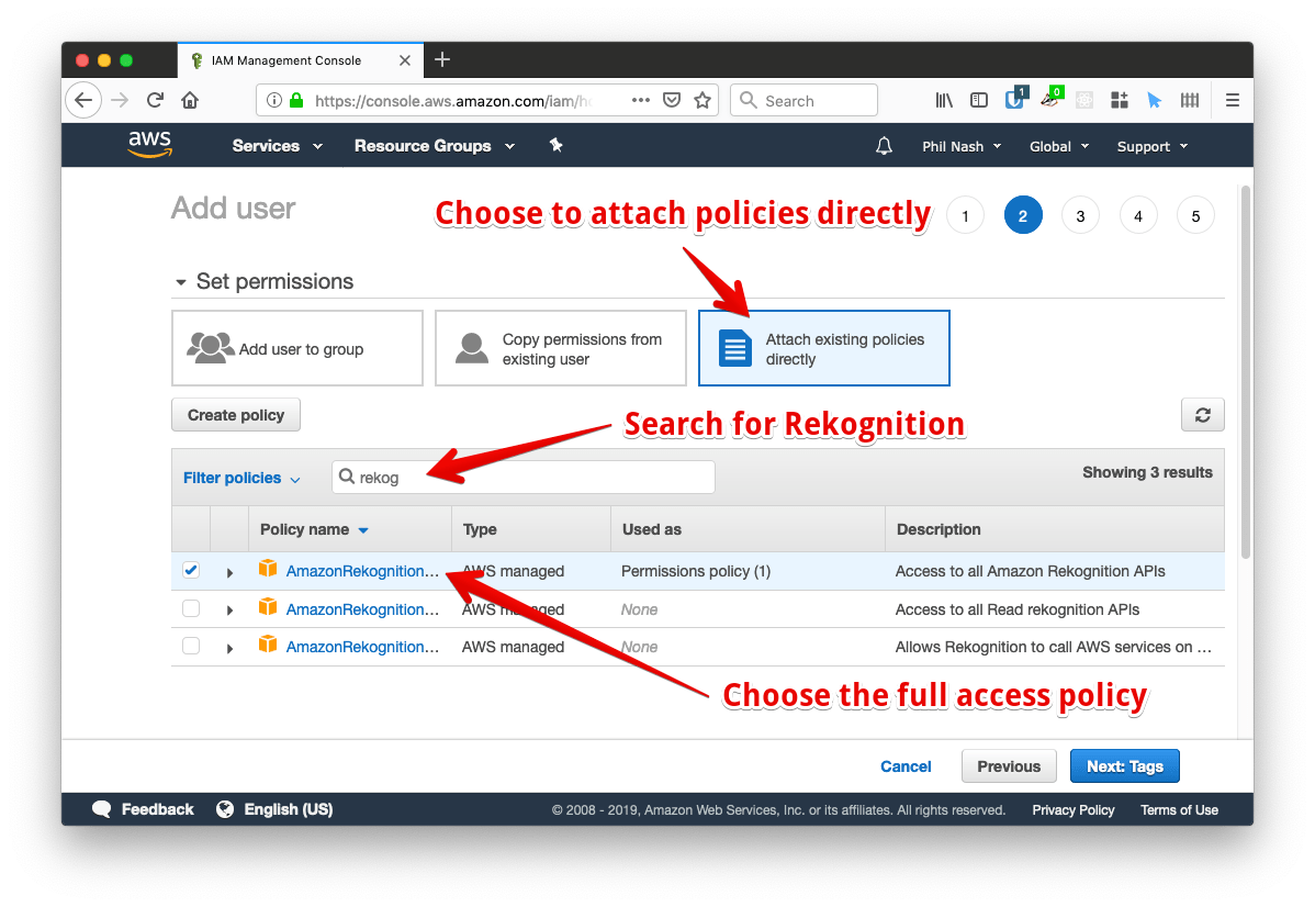 When setting permissions, choose to attach policies directly, then search for Rekognition and choose the full access policy.