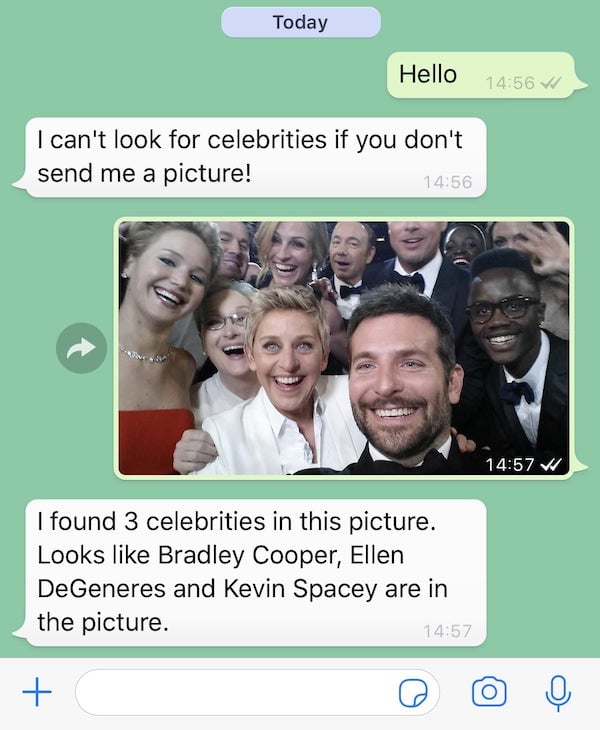 When sending the Ellen DeGeneres Oscars photo, full of celebrities, Rekognition spots Bradley Cooper, Ellen DeGeneres and Kevin Spacey.