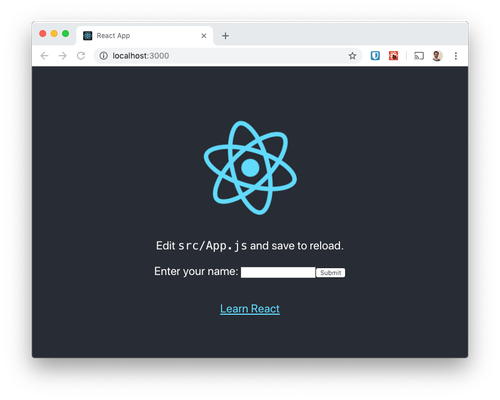 La page initiale montre le logo React et un formulaire