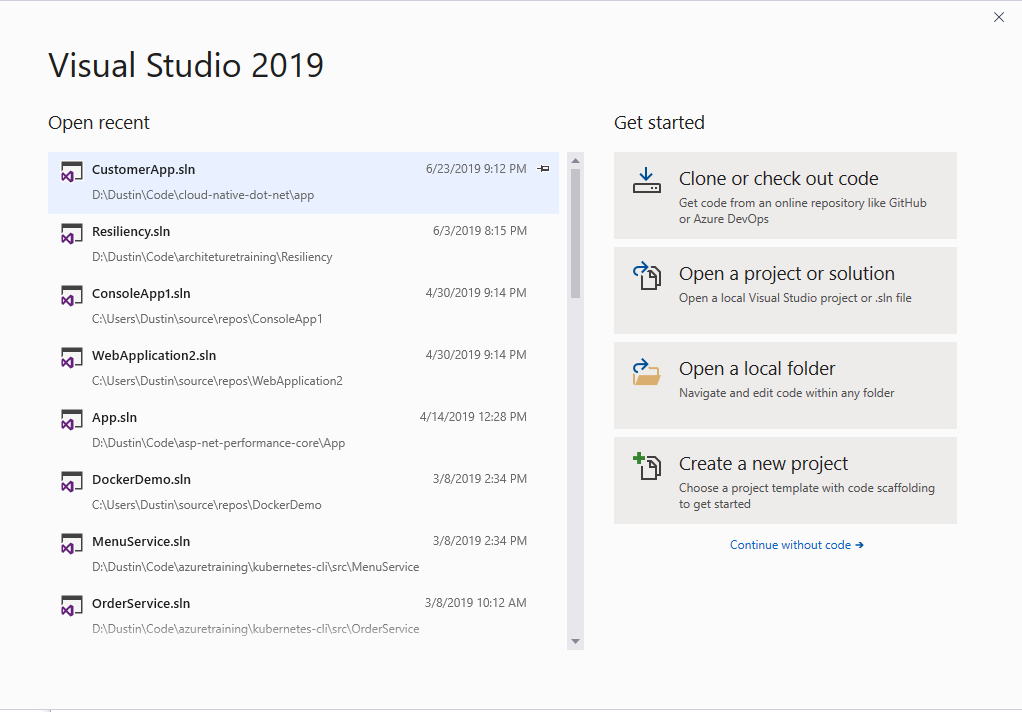 Visual Studio 2019 choose your project