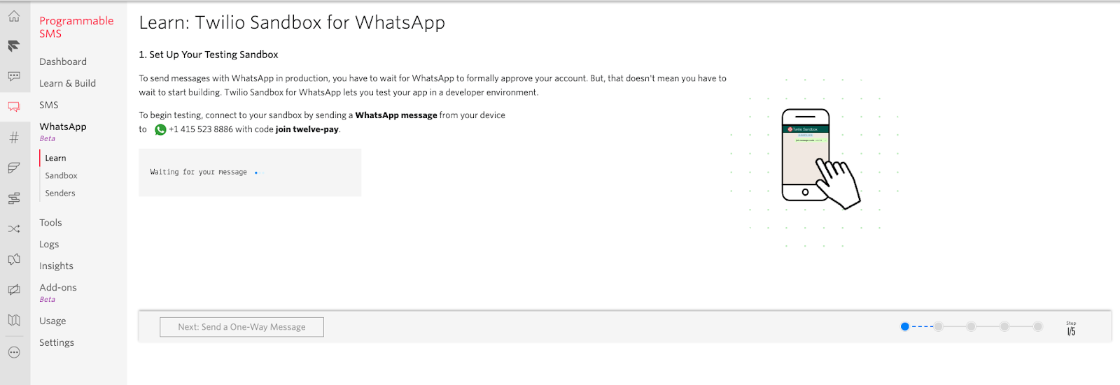 Sandbox Twilio para o envio de mensagens WhatsApp