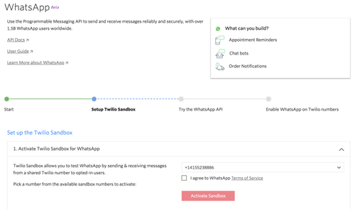 Tela do console da Twilio com a ativação da Sandbox do WhatsApp