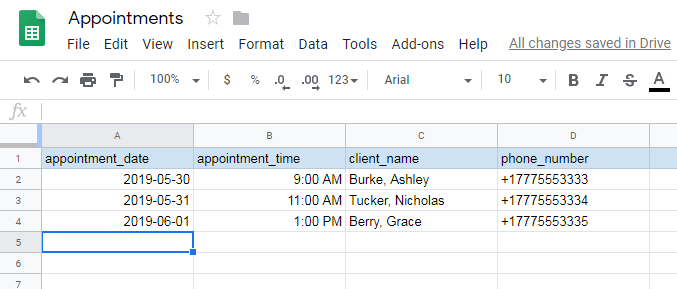 Google Sheets com colunas apropriadas para este projeto