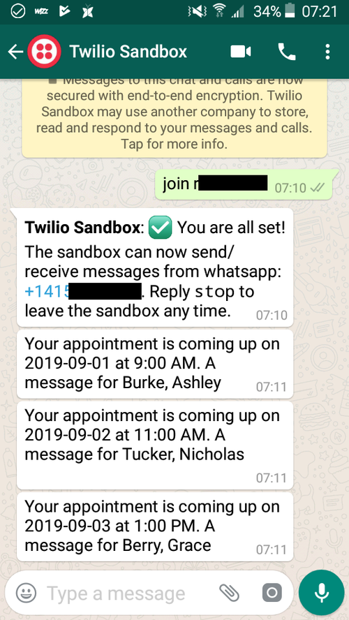 Mensagens na sandbox da Twilio