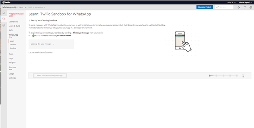 Tela de configuração da Sandbox da API do WhatsApp da Twilio.