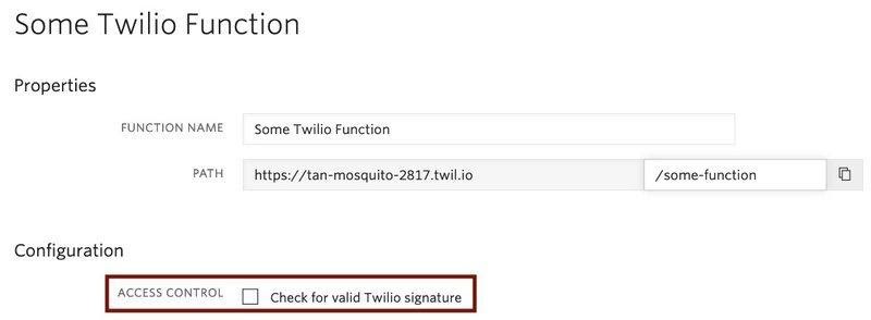 Captura de tela da interface do Twilio Functions destacando a seção de controle de acesso