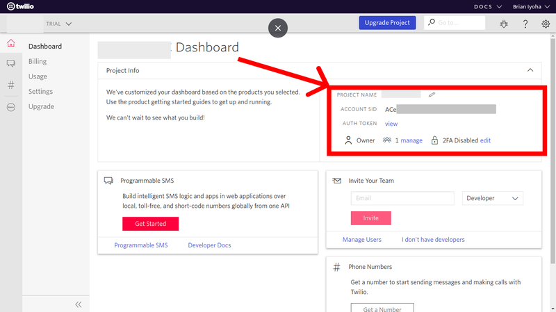 Painel do console da Twilio