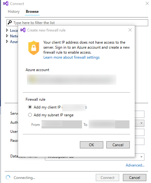 Visual Studio add workstation IP address to Azure account screenshot